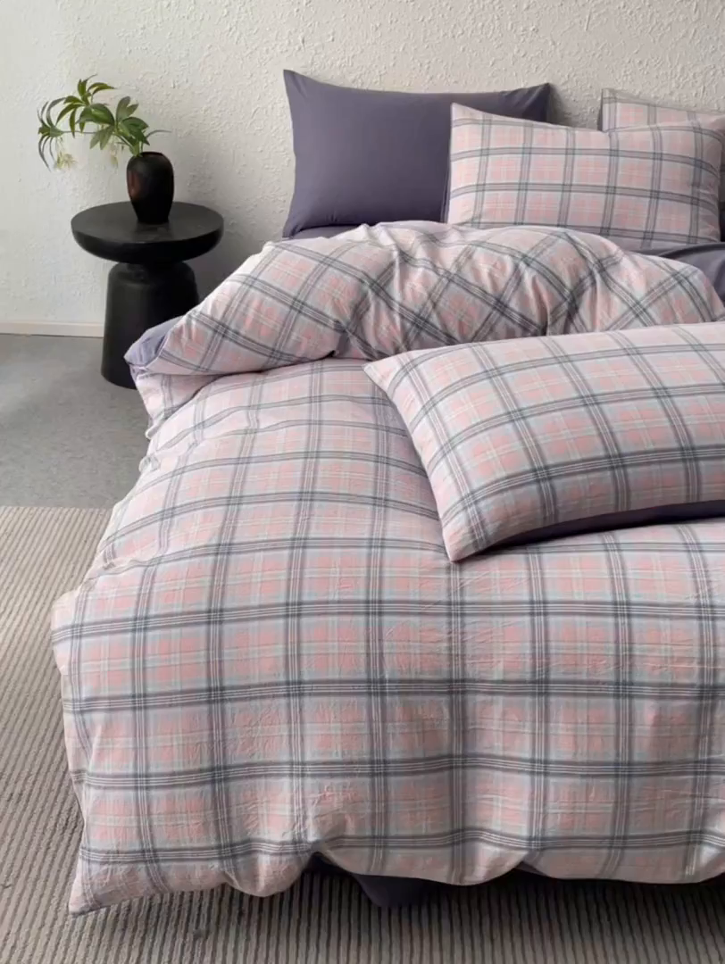 91家纺网 家纺一手货源 找家纺 曲之慕 2025新款亲肤舒适全棉纯棉色织水洗棉四件套 夕颜-粉