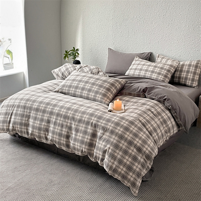 91家纺网 家纺一手货源 找家纺 曲之慕 2025新款亲肤舒适全棉纯棉色织水洗棉四件套 轩尼诗-灰