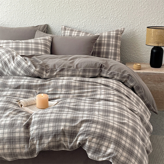 91家纺网 家纺一手货源 找家纺 曲之慕 2025新款亲肤舒适全棉纯棉色织水洗棉四件套 轩尼诗-灰