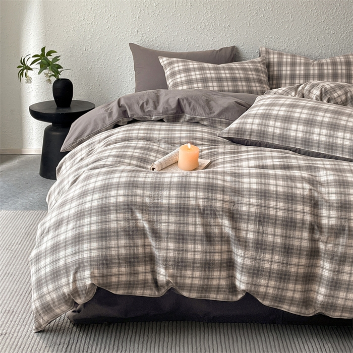 91家纺网 家纺一手货源 找家纺 曲之慕 2025新款亲肤舒适全棉纯棉色织水洗棉四件套 轩尼诗-灰