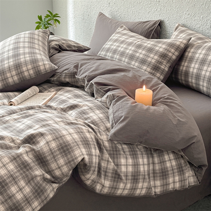 91家纺网 家纺一手货源 找家纺 曲之慕 2025新款亲肤舒适全棉纯棉色织水洗棉四件套 轩尼诗-灰