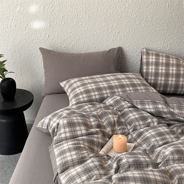 91家纺网 家纺一手货源 找家纺 曲之慕 2025新款亲肤舒适全棉纯棉色织水洗棉四件套 轩尼诗-灰