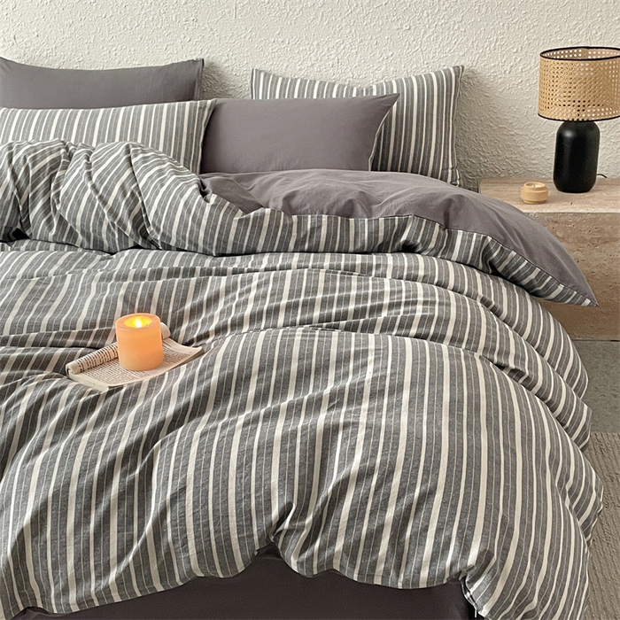 91家纺网 家纺一手货源 找家纺 曲之慕 2025新款亲肤舒适全棉纯棉色织水洗棉四件套 雅诗-灰