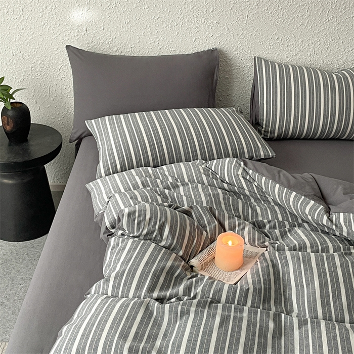 91家纺网 家纺一手货源 找家纺 曲之慕 2025新款亲肤舒适全棉纯棉色织水洗棉四件套 雅诗-灰