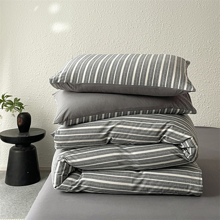 91家纺网 家纺一手货源 找家纺 曲之慕 2025新款亲肤舒适全棉纯棉色织水洗棉四件套 雅诗-灰