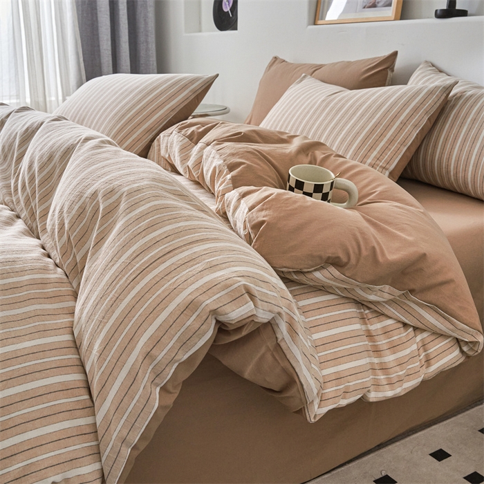 91家纺网 家纺一手货源 找家纺 曲之慕 2025新款亲肤舒适全棉纯棉色织水洗棉四件套 雅诗-咖