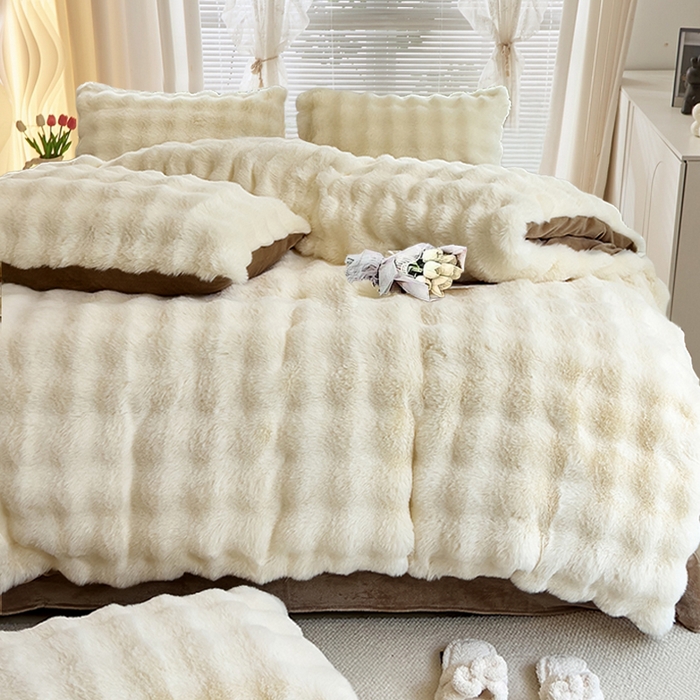 91家纺网 家纺一手货源 找家纺 晚悠家纺 2025新款兔毛绒大泡泡牛奶绒七彩泡泡款四件套 兔毛泡泡-白加咖