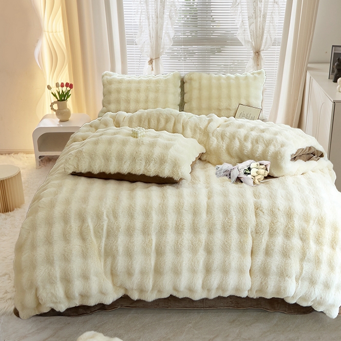 91家纺网 家纺一手货源 找家纺 晚悠家纺 2025新款兔毛绒大泡泡牛奶绒七彩泡泡款四件套 兔毛泡泡-白加咖