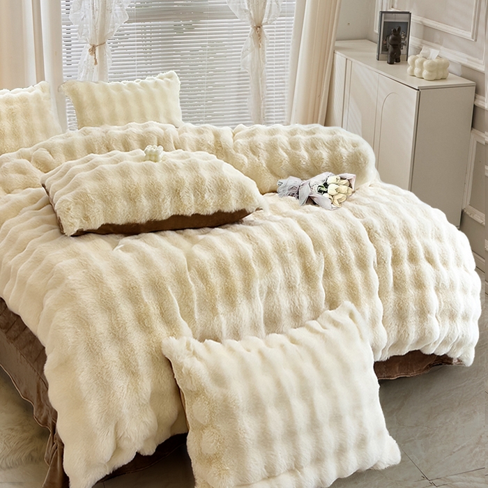 91家纺网 家纺一手货源 找家纺 晚悠家纺 2025新款兔毛绒大泡泡牛奶绒七彩泡泡款四件套 兔毛泡泡-白加咖