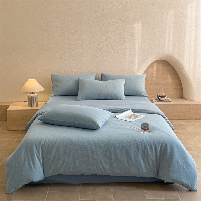 91家纺网 家纺一手货源 找家纺 曲之慕 2025新款简约纯色全棉纯棉色织水洗棉四件套 维希格调-蓝