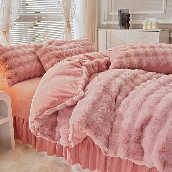 晚悠家纺 2025新款兔毛绒大泡泡牛奶绒七彩泡泡款四件套 泡泡-粉