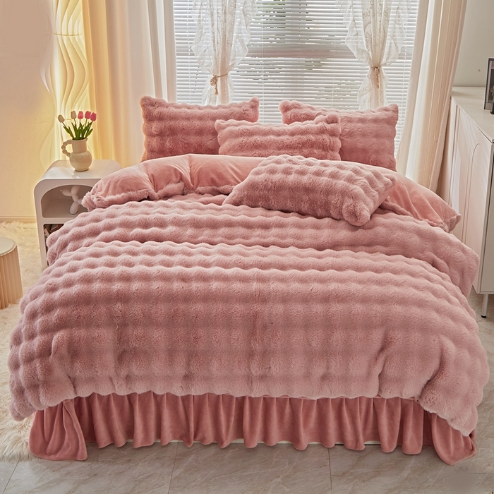 91家纺网 家纺一手货源 找家纺 晚悠家纺 2025新款兔毛绒大泡泡牛奶绒七彩泡泡款四件套 泡泡-粉