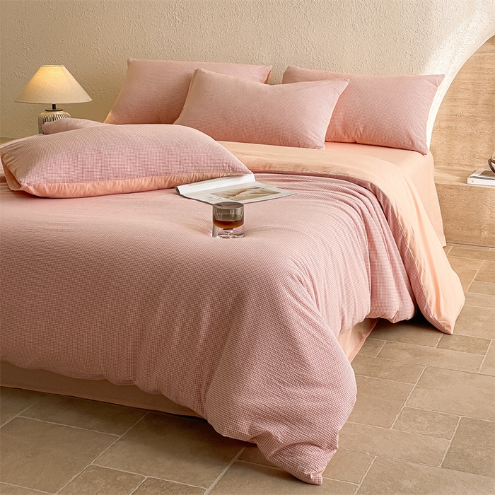 91家纺网 家纺一手货源 找家纺 曲之慕 2025新款简约纯色全棉纯棉色织水洗棉四件套 维希格调-粉