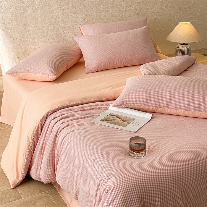 91家纺网 家纺一手货源 找家纺 曲之慕 2025新款简约纯色全棉纯棉色织水洗棉四件套 维希格调-粉