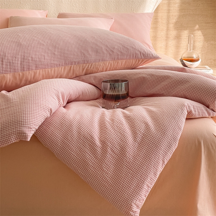 91家纺网 家纺一手货源 找家纺 曲之慕 2025新款简约纯色全棉纯棉色织水洗棉四件套 维希格调-粉