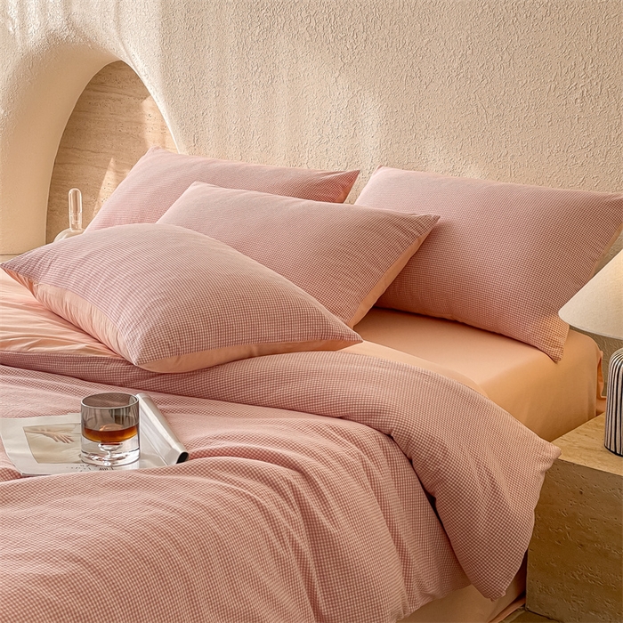 91家纺网 家纺一手货源 找家纺 曲之慕 2025新款简约纯色全棉纯棉色织水洗棉四件套 维希格调-粉