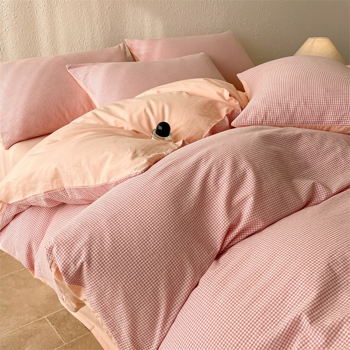 91家纺网 家纺一手货源 找家纺 曲之慕 2025新款简约纯色全棉纯棉色织水洗棉四件套 维希格调-粉