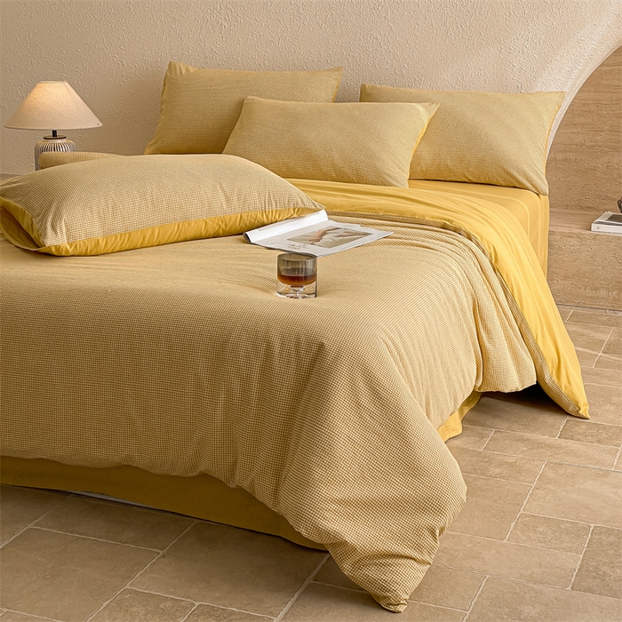 91家纺网 家纺一手货源 找家纺 曲之慕 2025新款简约纯色全棉纯棉色织水洗棉四件套 维希格调-黄