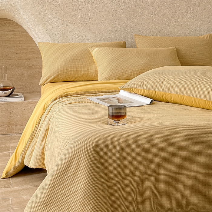 91家纺网 家纺一手货源 找家纺 曲之慕 2025新款简约纯色全棉纯棉色织水洗棉四件套 维希格调-黄