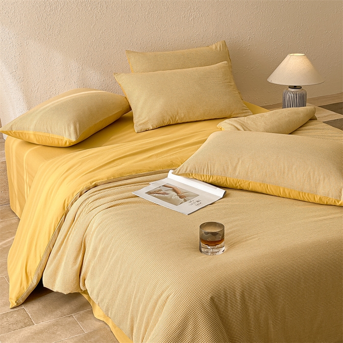 91家纺网 家纺一手货源 找家纺 曲之慕 2025新款简约纯色全棉纯棉色织水洗棉四件套 维希格调-黄