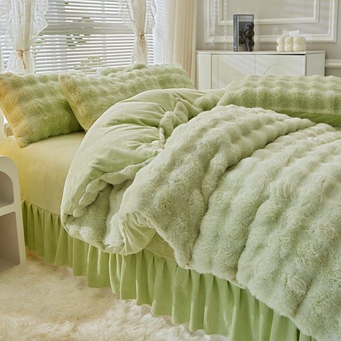 晚悠家纺 2025新款兔毛绒大泡泡牛奶绒七彩泡泡款四件套 兔毛泡泡-绿