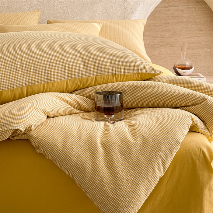 91家纺网 家纺一手货源 找家纺 曲之慕 2025新款简约纯色全棉纯棉色织水洗棉四件套 维希格调-黄