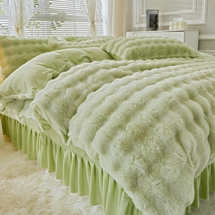 91家纺网 家纺一手货源 找家纺 晚悠家纺 2025新款兔毛绒大泡泡牛奶绒七彩泡泡款四件套 兔毛泡泡-绿