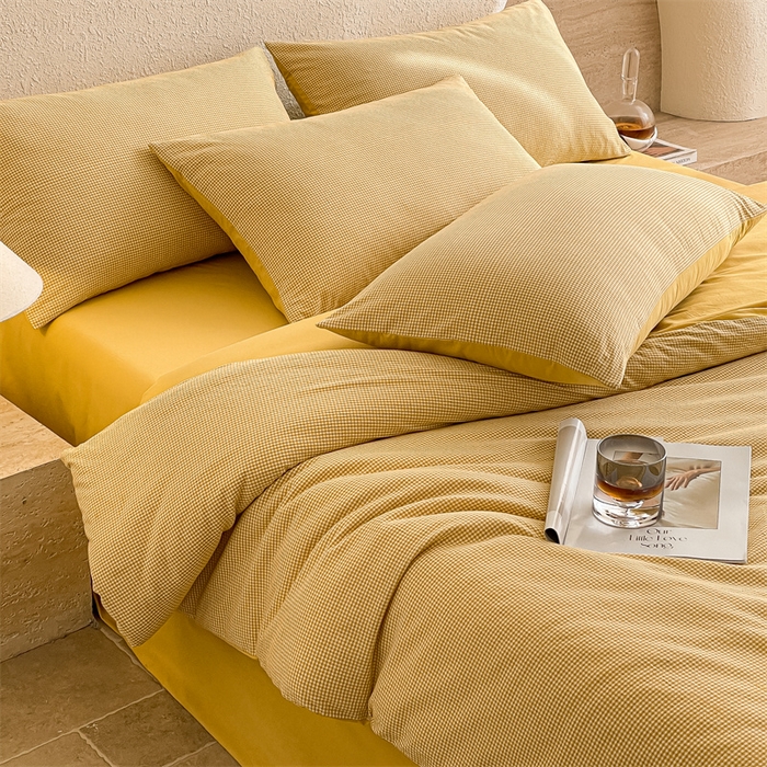 91家纺网 家纺一手货源 找家纺 曲之慕 2025新款简约纯色全棉纯棉色织水洗棉四件套 维希格调-黄