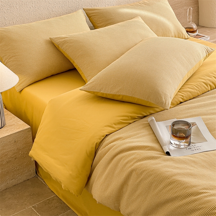 91家纺网 家纺一手货源 找家纺 曲之慕 2025新款简约纯色全棉纯棉色织水洗棉四件套 维希格调-黄