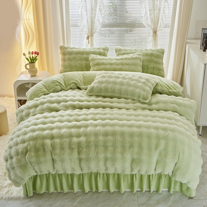 91家纺网 家纺一手货源 找家纺 晚悠家纺 2025新款兔毛绒大泡泡牛奶绒七彩泡泡款四件套 兔毛泡泡-绿