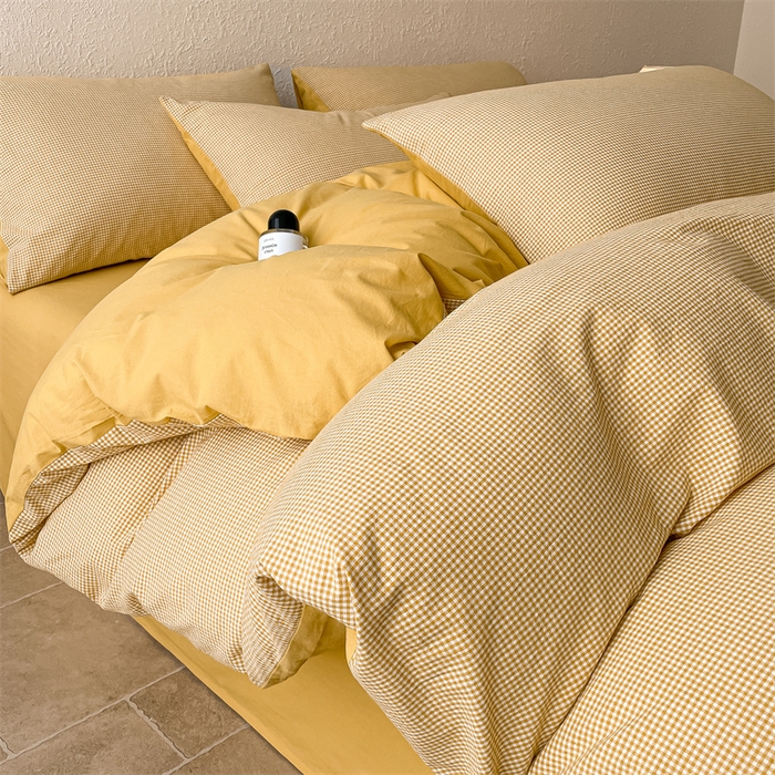 91家纺网 家纺一手货源 找家纺 曲之慕 2025新款简约纯色全棉纯棉色织水洗棉四件套 维希格调-黄