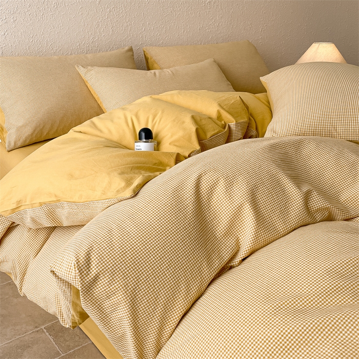 91家纺网 家纺一手货源 找家纺 曲之慕 2025新款简约纯色全棉纯棉色织水洗棉四件套 维希格调-黄