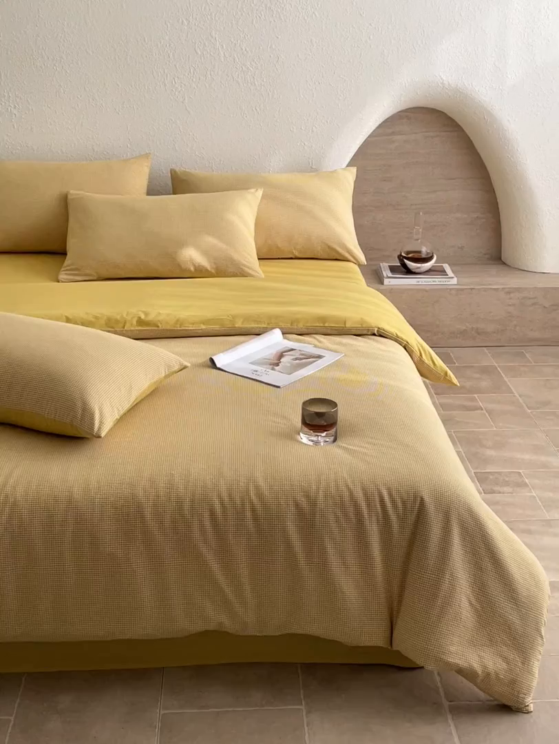 91家纺网 家纺一手货源 找家纺 曲之慕 2025新款简约纯色全棉纯棉色织水洗棉四件套 维希格调-黄
