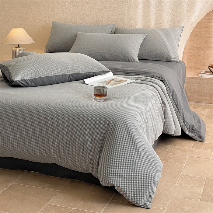 91家纺网 家纺一手货源 找家纺 曲之慕 2025新款简约纯色全棉纯棉色织水洗棉四件套 维希格调-灰