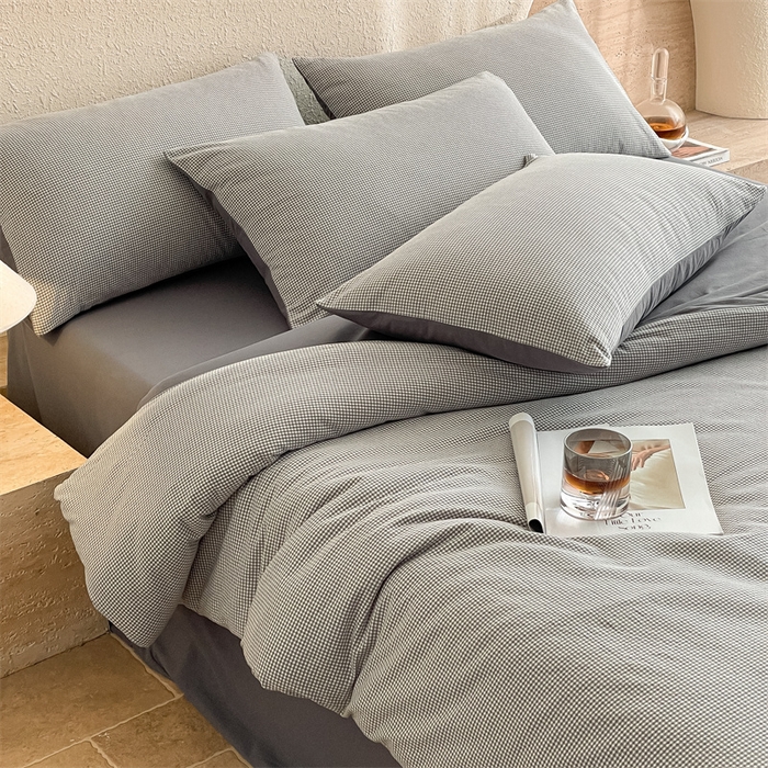 91家纺网 家纺一手货源 找家纺 曲之慕 2025新款简约纯色全棉纯棉色织水洗棉四件套 维希格调-灰