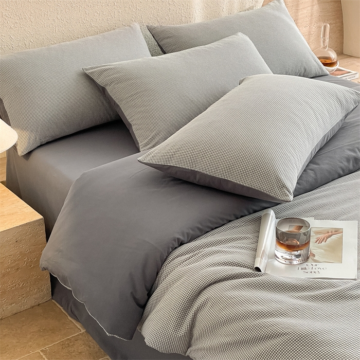 91家纺网 家纺一手货源 找家纺 曲之慕 2025新款简约纯色全棉纯棉色织水洗棉四件套 维希格调-灰