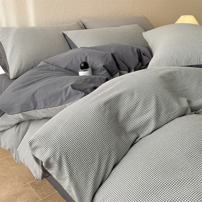 91家纺网 家纺一手货源 找家纺 曲之慕 2025新款简约纯色全棉纯棉色织水洗棉四件套 维希格调-灰