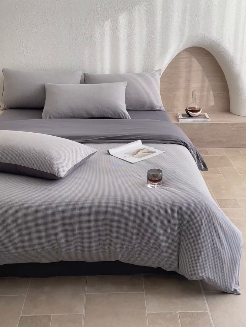 91家纺网 家纺一手货源 找家纺 曲之慕 2025新款简约纯色全棉纯棉色织水洗棉四件套 维希格调-灰