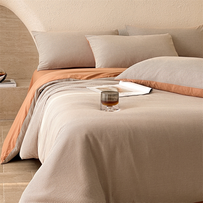 91家纺网 家纺一手货源 找家纺 曲之慕 2025新款简约纯色全棉纯棉色织水洗棉四件套 维希格调-咖