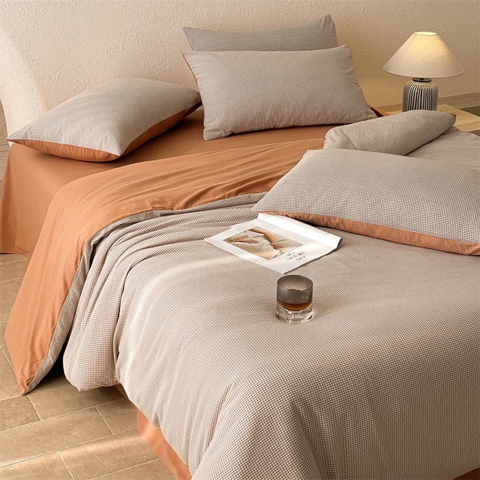 91家纺网 家纺一手货源 找家纺 曲之慕 2025新款简约纯色全棉纯棉色织水洗棉四件套 维希格调-咖