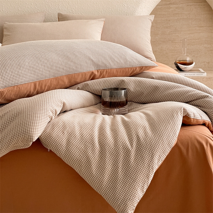 91家纺网 家纺一手货源 找家纺 曲之慕 2025新款简约纯色全棉纯棉色织水洗棉四件套 维希格调-咖