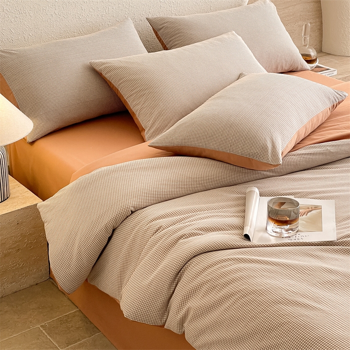 91家纺网 家纺一手货源 找家纺 曲之慕 2025新款简约纯色全棉纯棉色织水洗棉四件套 维希格调-咖