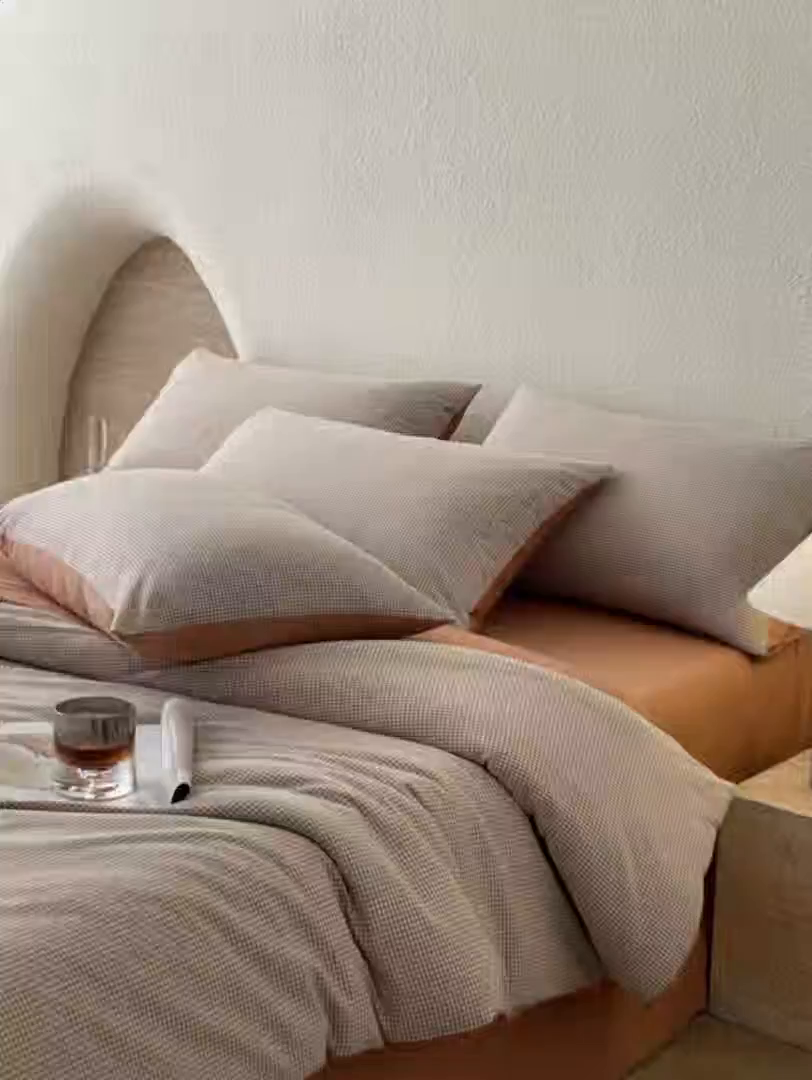 91家纺网 家纺一手货源 找家纺 曲之慕 2025新款简约纯色全棉纯棉色织水洗棉四件套 维希格调-咖