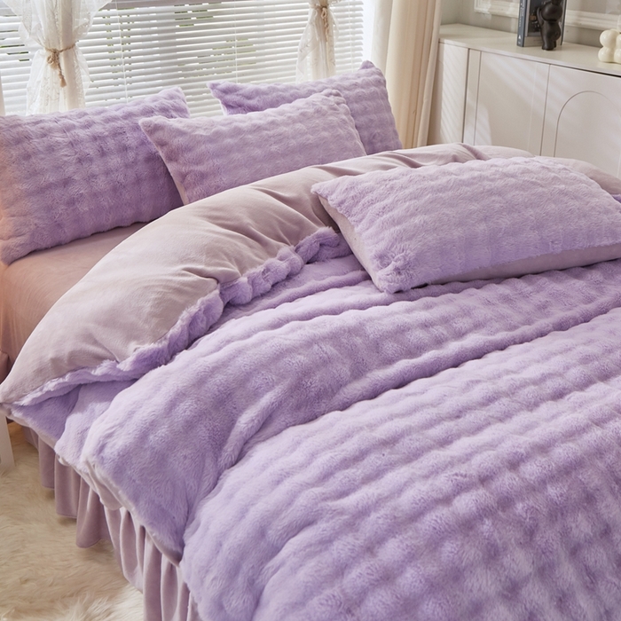 91家纺网 家纺一手货源 找家纺 晚悠家纺 2025新款兔毛绒大泡泡牛奶绒七彩泡泡款四件套 兔毛泡泡-紫