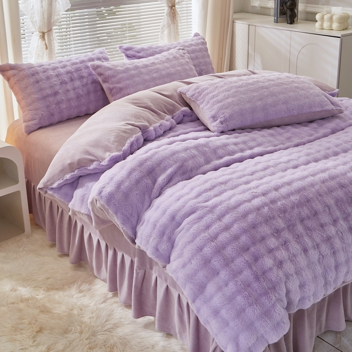 91家纺网 家纺一手货源 找家纺 晚悠家纺 2025新款兔毛绒大泡泡牛奶绒七彩泡泡款四件套 兔毛泡泡-紫