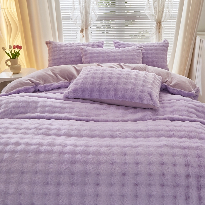 91家纺网 家纺一手货源 找家纺 晚悠家纺 2025新款兔毛绒大泡泡牛奶绒七彩泡泡款四件套 兔毛泡泡-紫