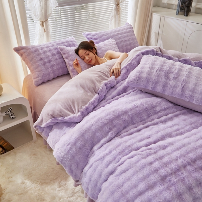 91家纺网 家纺一手货源 找家纺 晚悠家纺 2025新款兔毛绒大泡泡牛奶绒七彩泡泡款四件套 兔毛泡泡-紫