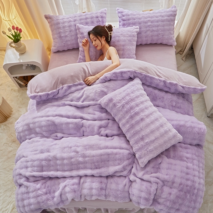 91家纺网 家纺一手货源 找家纺 晚悠家纺 2025新款兔毛绒大泡泡牛奶绒七彩泡泡款四件套 兔毛泡泡-紫