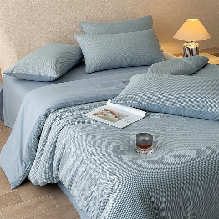 91家纺网 家纺一手货源 找家纺 曲之慕 2025新款简约纯色全棉纯棉色织水洗棉四件套 维希格调-蓝