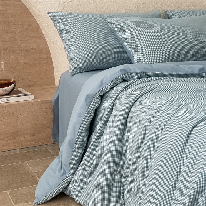 91家纺网 家纺一手货源 找家纺 曲之慕 2025新款简约纯色全棉纯棉色织水洗棉四件套 维希格调-蓝